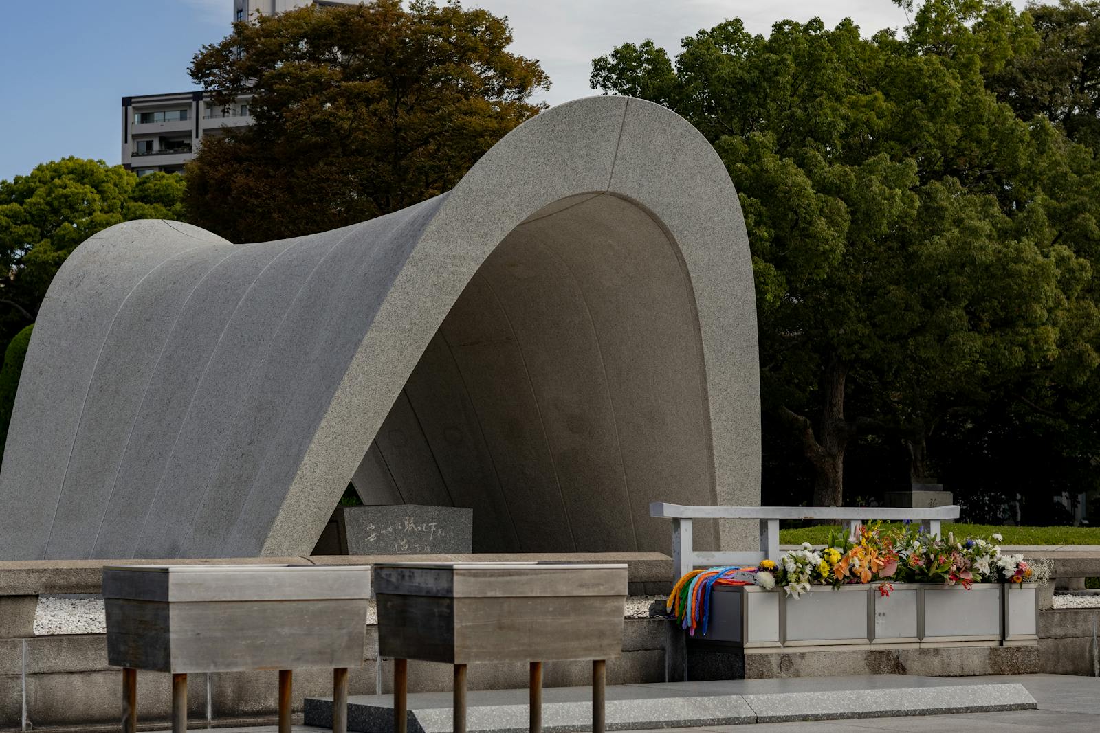 Beautiful view of the Hiroshima Peace Memorial Park featuring the Cenotaph, symbolizing peace and remembrance.