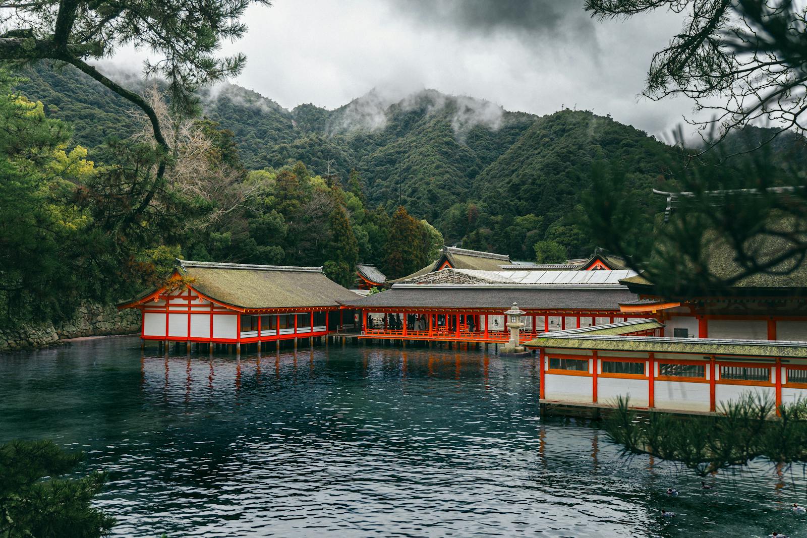 Stunning view of Itsukushima Shrine surrounded by nature in Hiroshima, Japan.