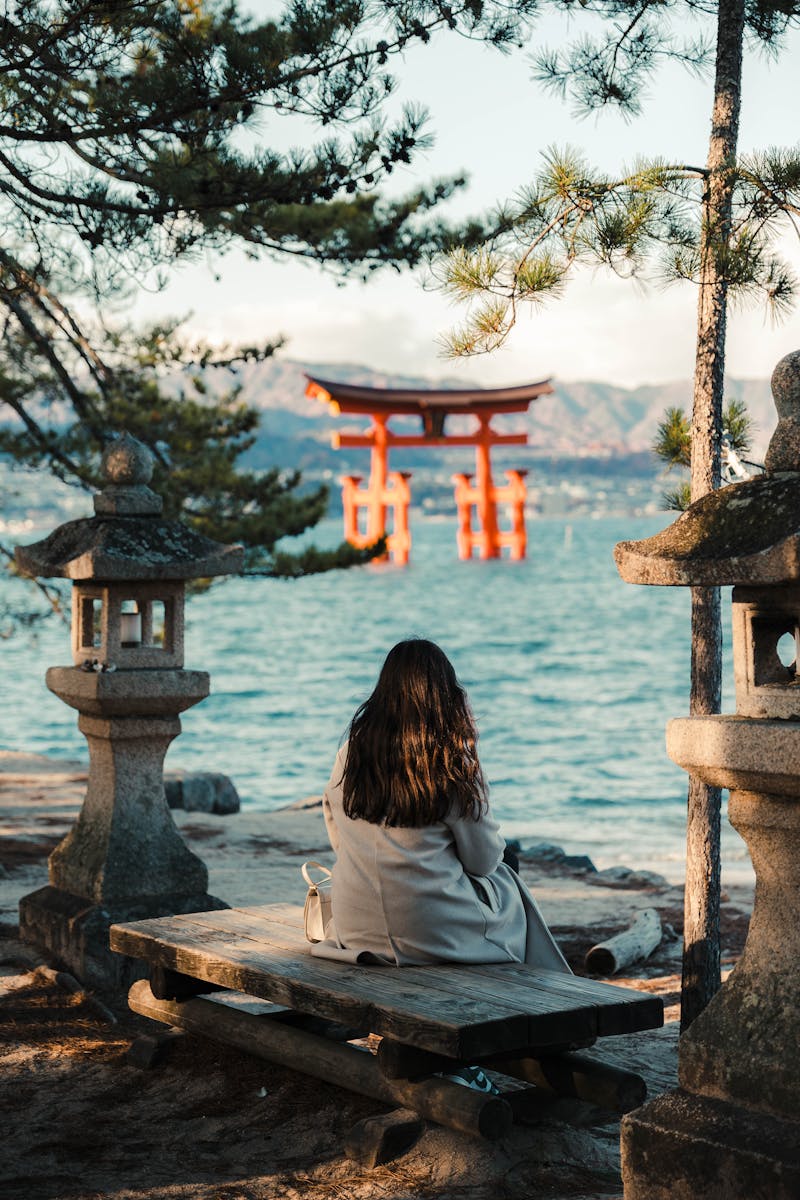Person enjoying a peaceful view of the Torii Gate in Hiroshima's waters.