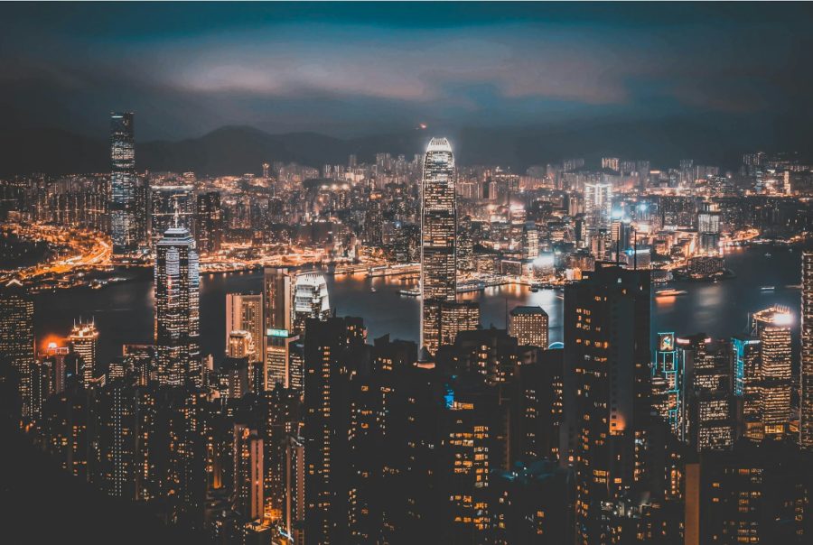 top view photo of buildings during night time